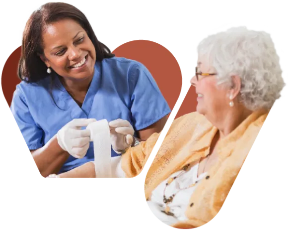 Wound care nurse and smiling elderly patient